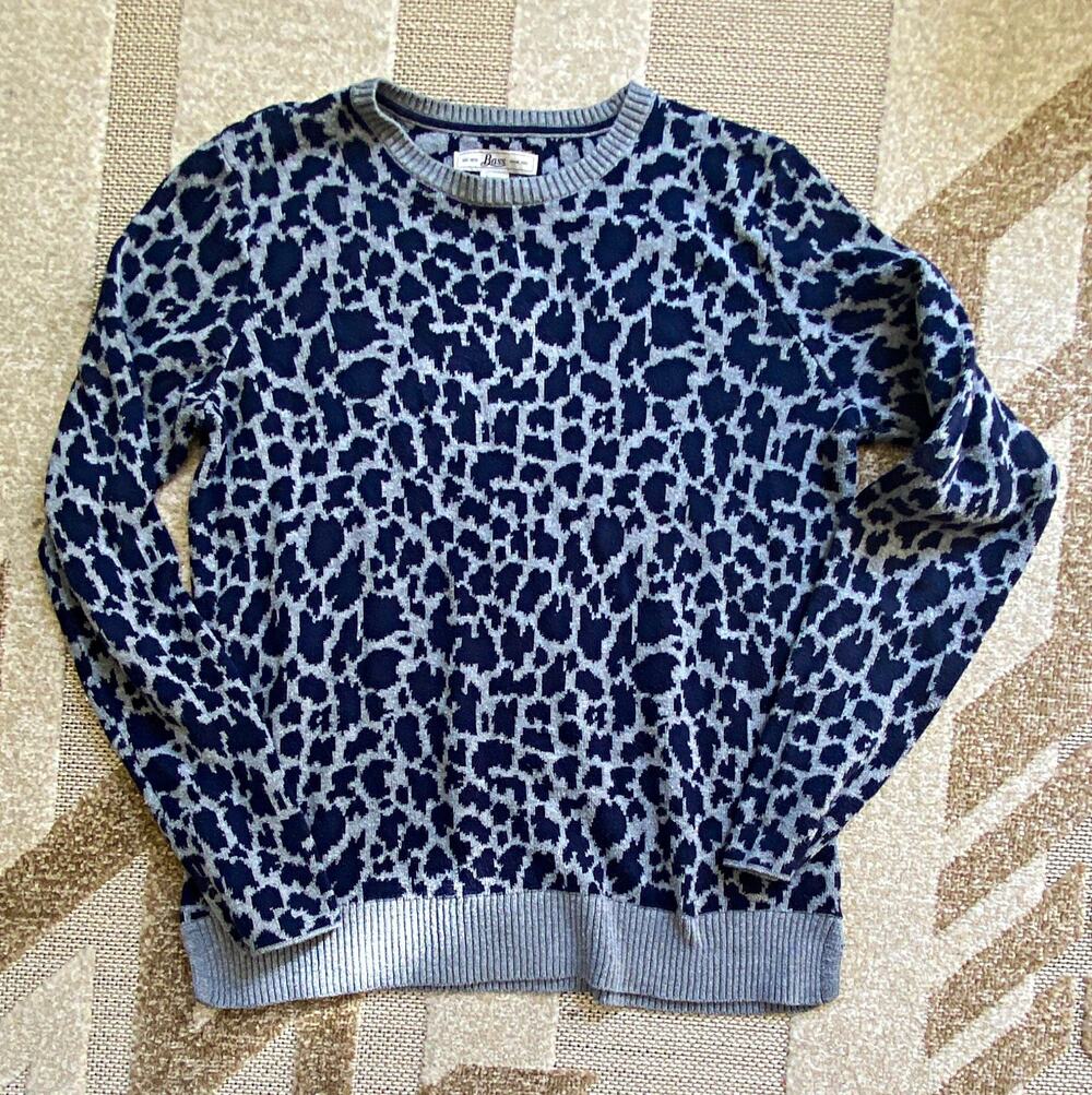 Bass women’s Crew Neck Pullover Sweater Knit Cotton Animal Print Navy Gray M